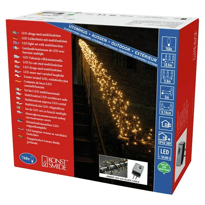 Konstsmide LED-Clusterlichterkette Micro LED Cluster - Außen, Länge: 10,8 m, 768 Stk., Netzbetrieben, Lichtfarbe: Bernstein - Produktverpackung für eine LED-Lichterkette mit 768 Lichtern, geeignet für den Außenbereich und mit verschiedenen Funktionen.