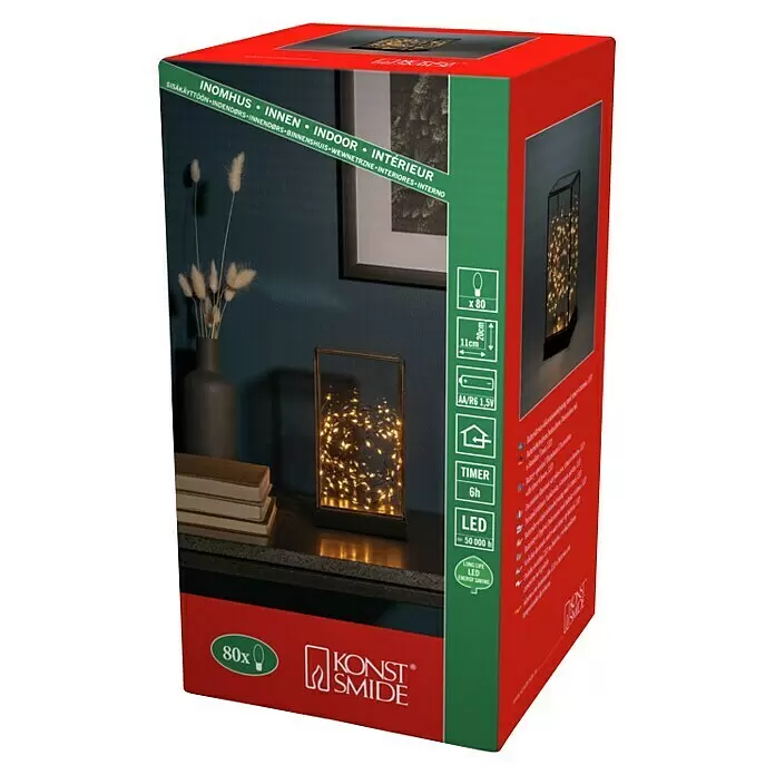 Konstsmide LED-Weihnachtslaterne - 11 x 11 x 20 cm, Schwarz, Batteriebetrieben, IP20 - Konst Smide Deko-LED-Leuchte in rechteckigem Glasgehäuse mit 80 warmweißen Lichterketten, batteriebetrieben, 6h Timer.