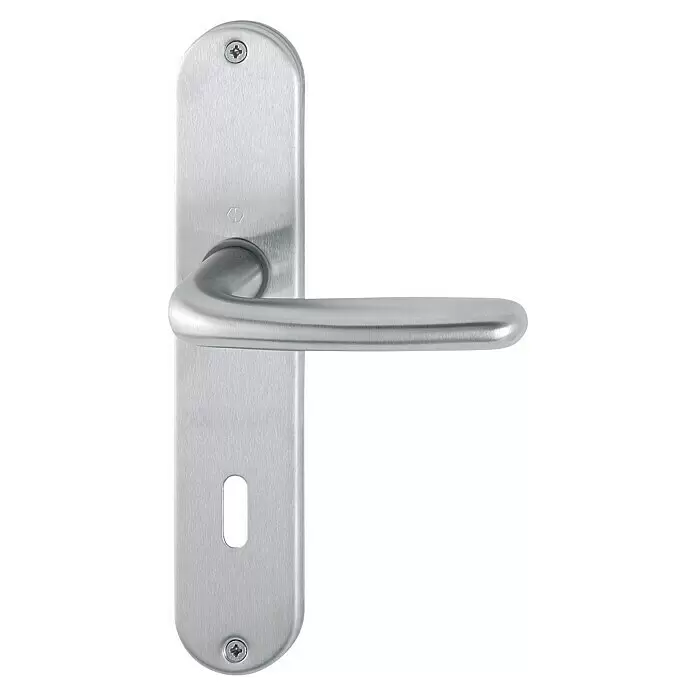 Hoppe Drückergarnitur Cardiff - Stärke Tür: 42 mm - 37 mm, Edelstahl, Buntbart, Form Schild: Oval - Türdrücker aus gebürstetem Edelstahl auf einer Platte mit Schlüsselloch.