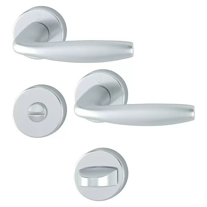 Hoppe Zimmertürgarnitur WC New York - Stärke Tür: 42 mm - 37 mm, Aluminium, Silber, Schlitzkopf/Olive - Set silberner Türgriffe mit Sichtschutzverriegelungen, inklusive Schlitzantrieb und Drehknauf.