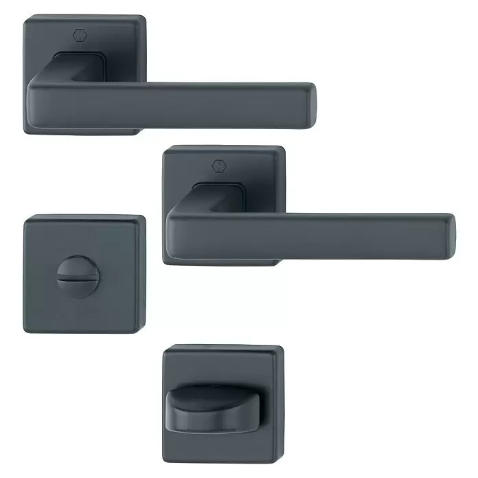 Hoppe Zimmertürgarnitur WC Dublin - Stärke Tür: 42 mm - 37 mm, Aluminium, Schwarz, Schlitzkopf/Olive - Dunkelgraue Türdrücker mit quadratischem Sockel und WC-Verriegelungen.