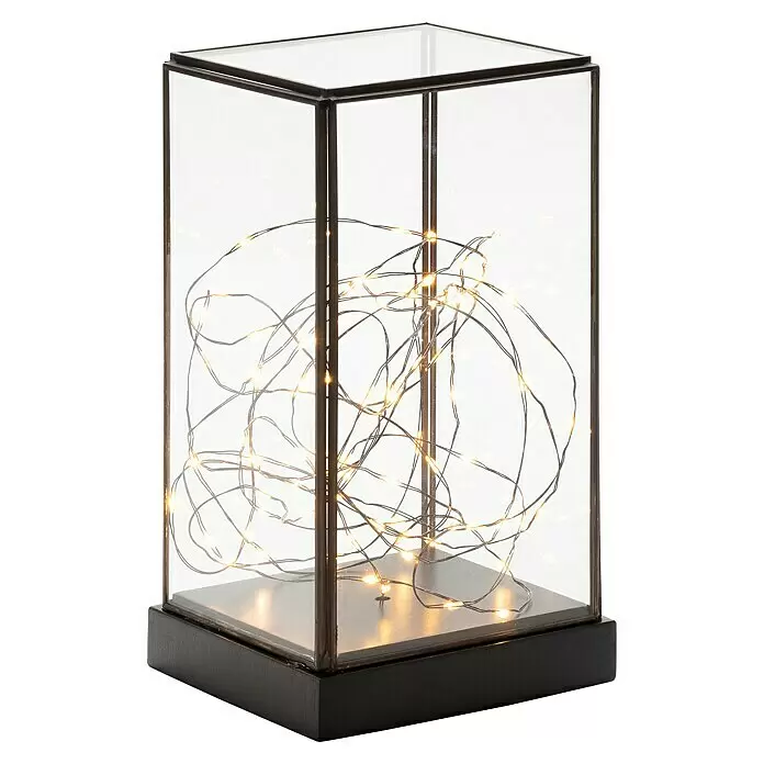 Konstsmide LED-Weihnachtslaterne - 11 x 11 x 20 cm, Schwarz, Batteriebetrieben, IP20 - Glaslaterne mit schwarzem Rahmen und Sockel, gefüllt mit warmweißen LED-Lichterketten.