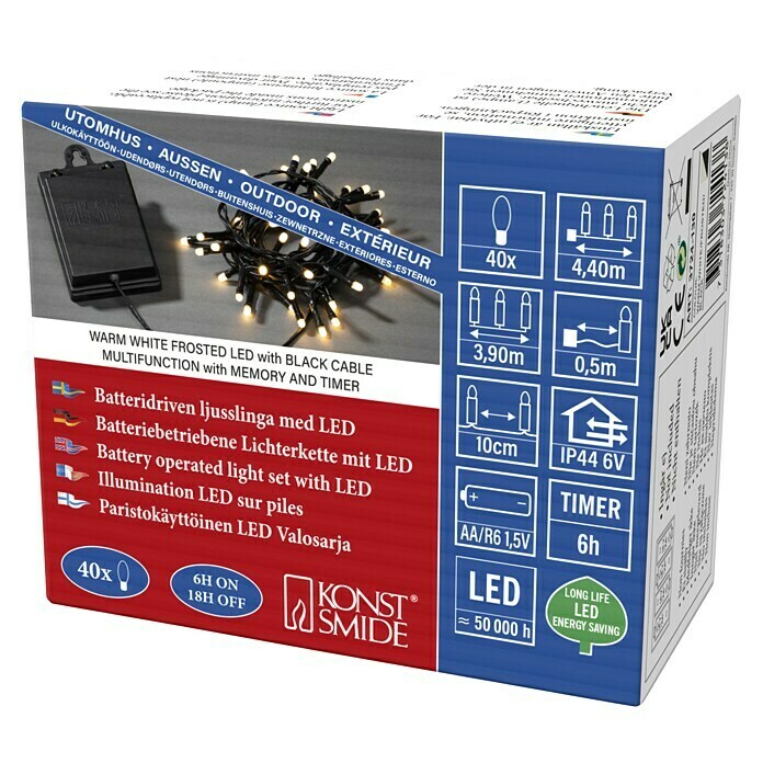 Konstsmide LED-Lichterkette (Außen, Lichtfarbe: Warmweiß, Anzahl Leuchtmittel: 40 Stk., Batteriebetrieben, Schwarz) | BAUHAUS
