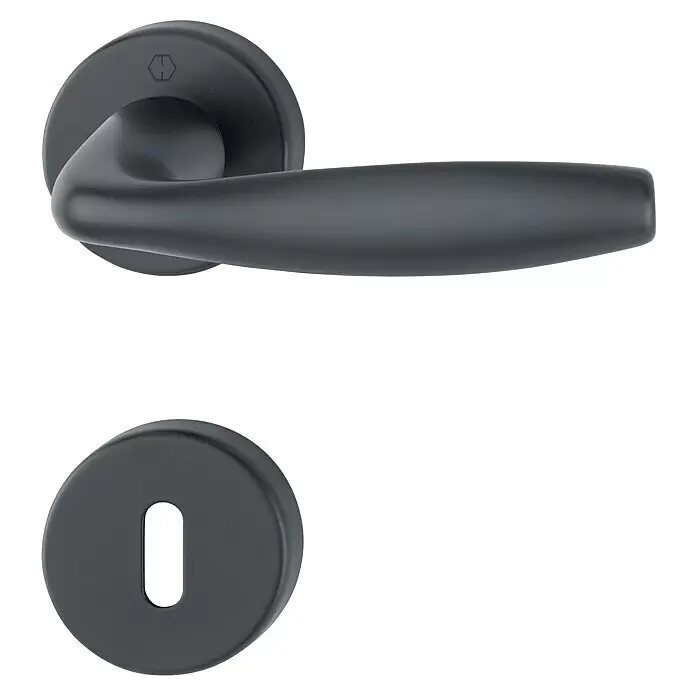 Hoppe Zimmertürgarnitur New York - Stärke Tür: 42 mm - 37 mm, Aluminium, Schwarz, Buntbart - Dunkelgraue matte Türklinke mit passendem Schlüsselschild.