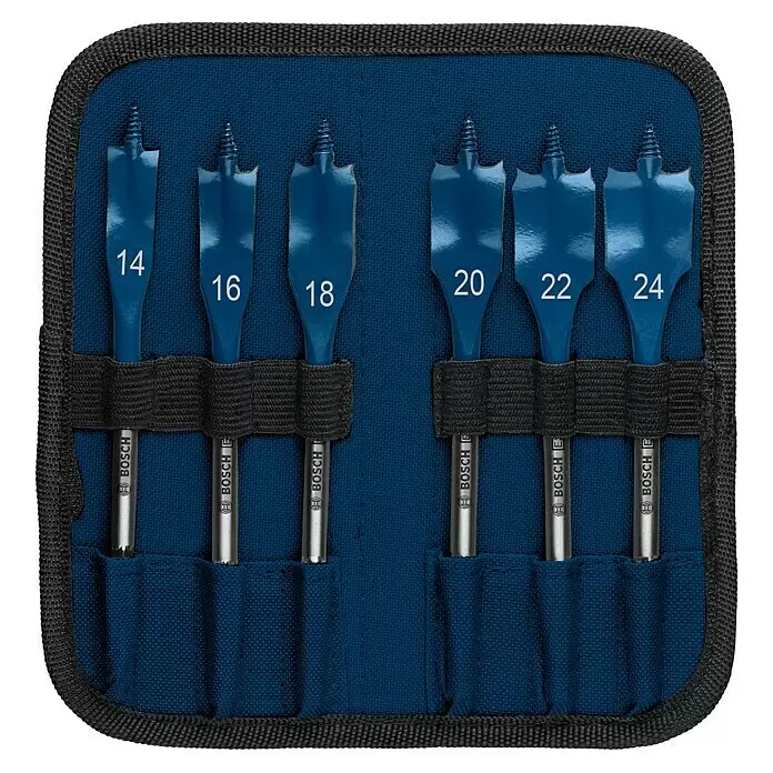 Bosch Expert Holzbohrer Selfcut - Durchmesser Bohrer: 24 mm - Ein Set aus sechs blauen Bosch Flachfräsbohrern (14-24mm) in einer dunkelblauen Stofftasche.