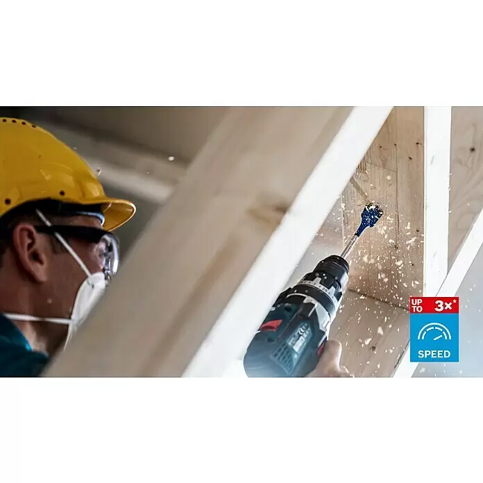 Bosch Expert Holzbohrer Selfcut - Durchmesser Bohrer: 24 mm - Blauer Flachfräsbohrer auf Akkubohrschrauber bohrt schnell in Holz, Späne fliegen. Zeigt bis zu 3x schnellere Bohrgeschwindigkeit.
