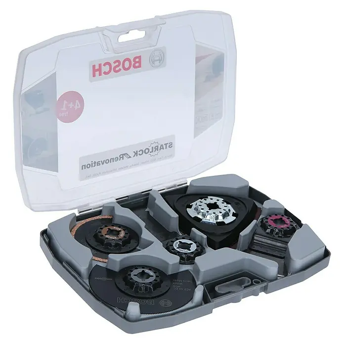Bosch Zubehör-Set Starlock Set Best of Renovation - 8 Stk. - Ein offener grauer Bosch Sägeblattkoffer mit verschiedenen StarLock Renovieruns-Sägeblättern für Holz, Metall und mehr.