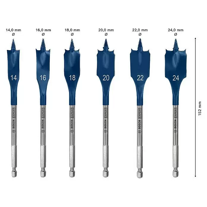 Bosch Expert Holzbohrer Selfcut - Durchmesser Bohrer: 24 mm - Satz blauer Bosch Expert Flachfräsbohrer (14-24mm Durchmesser, 152mm Länge) mit Sechskantschaft.