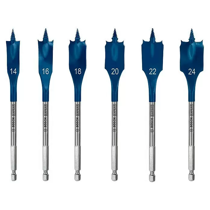 Bosch Expert Holzbohrer Selfcut - Durchmesser Bohrer: 24 mm - Satz blauer Bosch Expert Flachfräsbohrer (14-24mm) mit Zentrierspitzen und Sechskantschäften für Holz.
