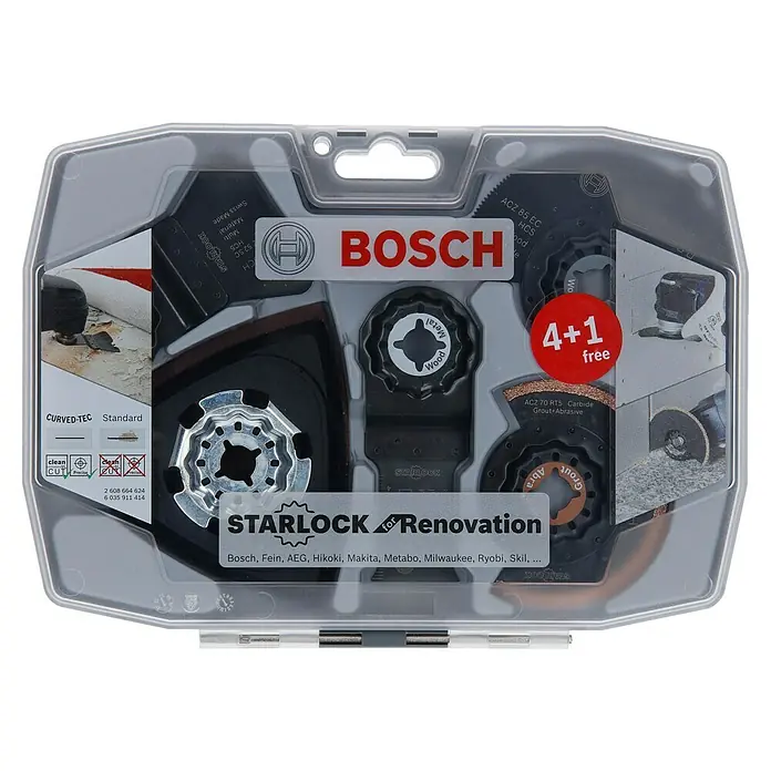 Bosch Zubehör-Set Starlock Set Best of Renovation - 8 Stk. - Abbildung eines Bosch Starlock "Renovation" Sets mit verschiedenen Sägeblättern für Renovierungsarbeiten, verpackt in einer transparenten Kunststoffbox.
