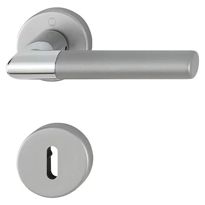 Hoppe Zimmertürgarnitur Lecce - Stärke Tür: 42 mm - 37 mm, Aluminium, Buntbart - Silbernes Türdrücker-Set mit einem Griff und einer passenden Schlüsselrosette.