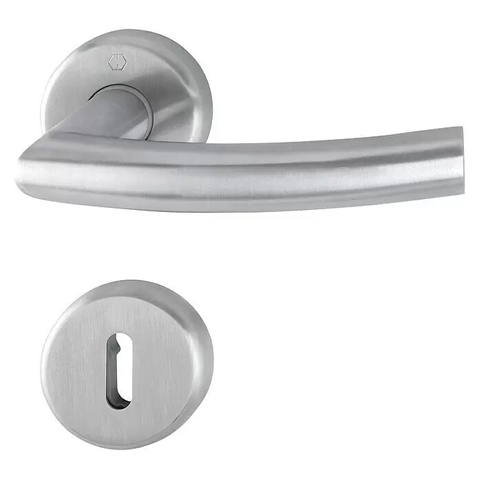 Hoppe Zimmertürgarnitur Narvik - Stärke Tür: 38 mm - 45 mm, Edelstahl, Buntbart - Türdrücker und passendes Schlüsselschild aus gebürstetem Edelstahl für eine moderne Tür.