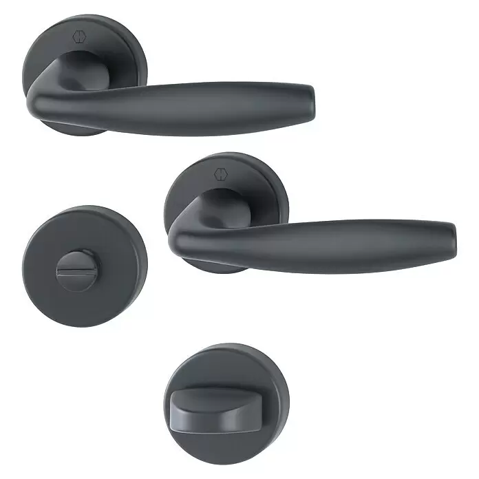 Hoppe Zimmertürgarnitur WC New York - Stärke Tür: 42 mm - 37 mm, Aluminium, Schwarz, Schlitzkopf/Olive - Dunkelgraues Türdrückerset mit Dreh- und Entriegelungs-Privatschloss.