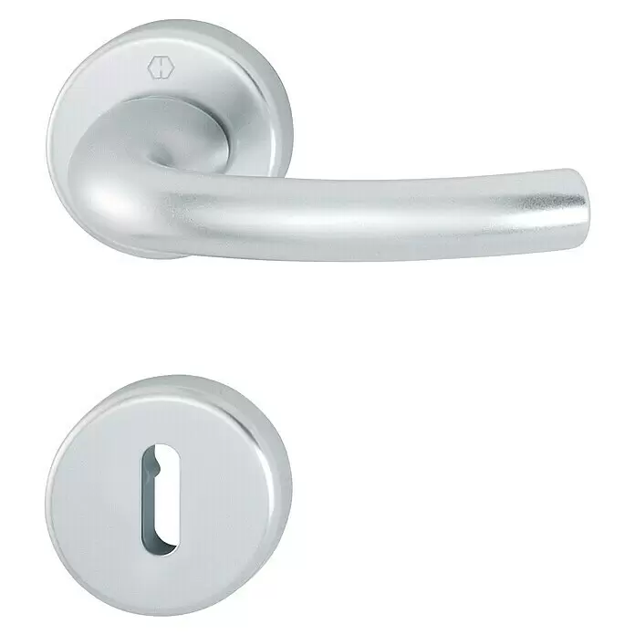 Hoppe Drückergarnitur Tokyo - Stärke Tür: 42 mm - 37 mm, Aluminium, Buntbart, Form Schild: Rund - Silberner Metall-Drückergriff und passende Schlüsselloch-Rosette.