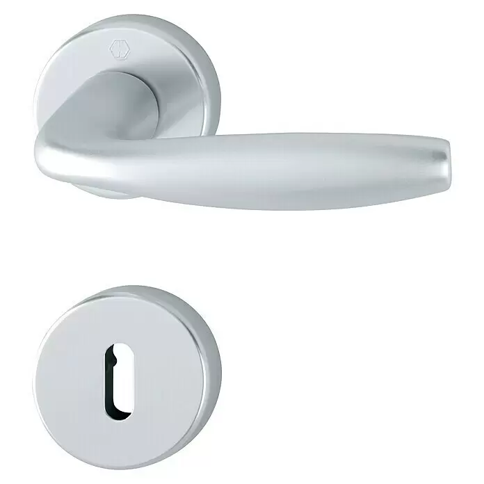 Hoppe Zimmertürgarnitur New York - Stärke Tür: 42 mm - 37 mm, Aluminium, Silber, Buntbart - Silberfarbenes metallisches Türdrücker-Set mit Griff und Schlüsselrosette.