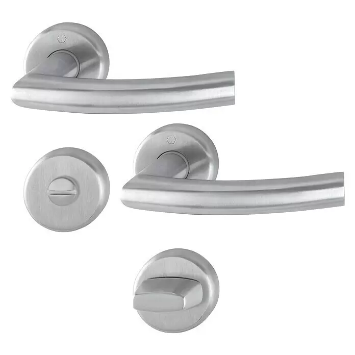 Hoppe Zimmertürgarnitur WC Narvik - Stärke Tür: 38 mm - 45 mm, Edelstahl, Schlitzkopf/Olive - Türgriff-Set aus gebürstetem Metall mit zwei Griffen und zwei Privacy-Schlössern.