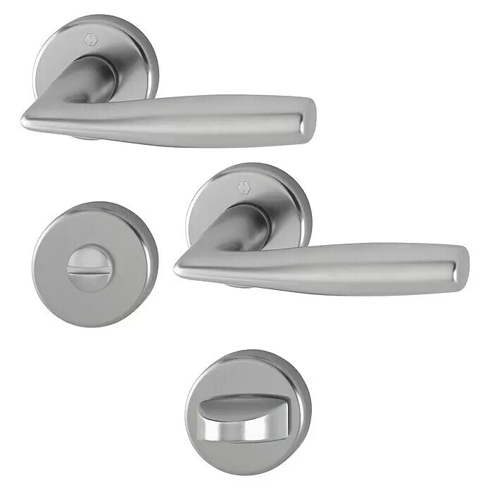 Hoppe Zimmertürgarnitur WC Vitoria - Stärke Tür: 42 mm - 37 mm, Aluminium, Schlitzkopf/Olive - Set aus zwei silbernen Türgriffen und zwei passenden Verriegelungsmechanismen, einer mit Schlitz und einer mit Drehknauf.