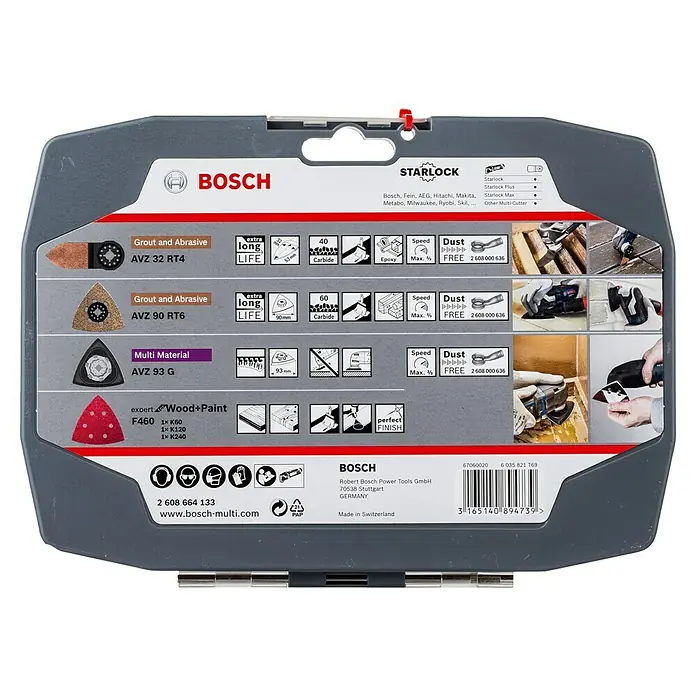 Bosch Zubehör-Set Starlock Best of Sanding - 6 Stk. - Das Bild zeigt ein Bosch Starlock Multi-Tool Zubehörset mit verschiedenen Aufsätzen für Schleif-, Trenn- und Sägearbeiten.