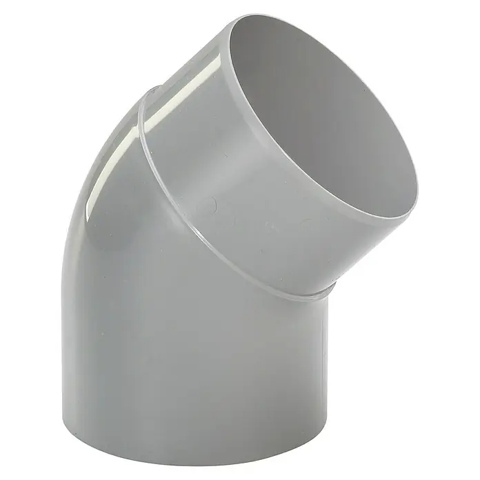 FunkeGruppe Fallrohrbogen - Nennweite: 100 mm, Winkel: 45 °, Kunststoff, Grau - Grauer PVC-Bogen mit einem Winkel von 45 Grad, ideal für Sanitär- und Entwässerungssysteme.