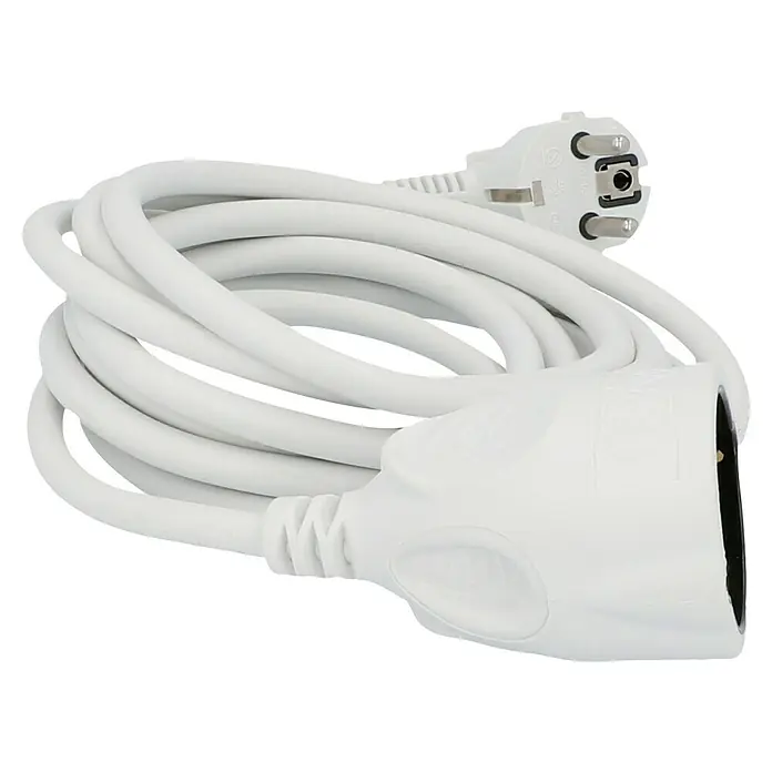 Voltomat Alargo - 3 m, Blanco, H05VV-F - Un cable de extensión blanco con enchufe y toma Euro, enrollado sobre un fondo negro.