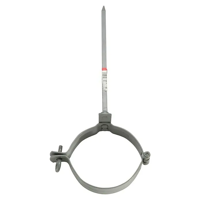 FunkeGruppe Fallrohrschelle - Nennweite: 100 mm, Metall, Grau, Mit Stift - Abbildung einer Rohrschelle mit Gewindestange zur Befestigung von Rohren an Decken oder Wänden.