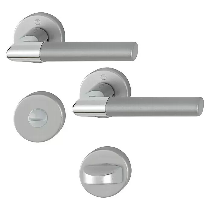 Hoppe Zimmertürgarnitur WC Lecce - Stärke Tür: 42 mm - 37 mm, Aluminium, Schlitzkopf/Olive - Silberfarbene Türgarnituren aus Metall mit Drückern und WC-Verriegelungen mit Schlitz und Drehknauf.