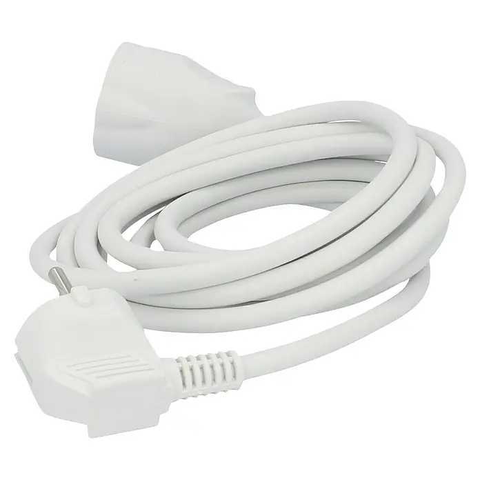 Voltomat Verlängerungskabel - 3 m, Weiß, H05VV-F - Nahaufnahme eines weißen Stromkabels mit Stecker und Kupplung, aufgerollt auf schwarzem Hintergrund. Das Kabel ist sauber und neu.
