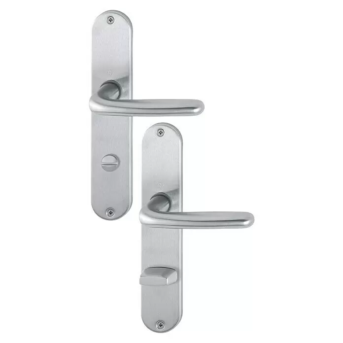 Hoppe Drückergarnitur WC Cardiff - Stärke Tür: 42 mm - 37 mm, Edelstahl, Schlitzkopf/Olive, Form Schild: Oval - Zwei Türdrückergarnituren aus gebürstetem Edelstahl, eine mit Schlüsselloch und eine mit Drehriegel.