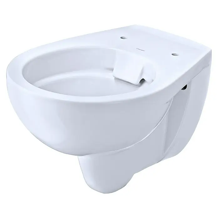 Camargue Sydney Wand-WC-Set - Spülrandlos, Ohne Spezialglasur, Spülform: Tief, WC Abgang: Waagerecht, Weiß - Nahaufnahme einer weißen, wandhängenden Toilette. Das moderne Design ist elegant und platzsparend.