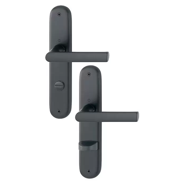 Hoppe Zimmertürgarnitur WC Hamburg - Stärke Tür: 42 mm - 37 mm, Aluminium, Schlitzkopf/Olive - Ein Paar dunkelgraue Metall-Türgriffe auf Langschildern. Einer für Zylinderschloss, einer mit Daumenriegel.