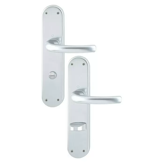Hoppe WC-Drückergarnitur WC Tokyo - Schlitzkopf/Olive, Aluminium, Langschild - Zwei silberfarbene Türdrückergarnituren auf Langschildern, eine mit Schlüsselloch, die andere mit Drehknauf.