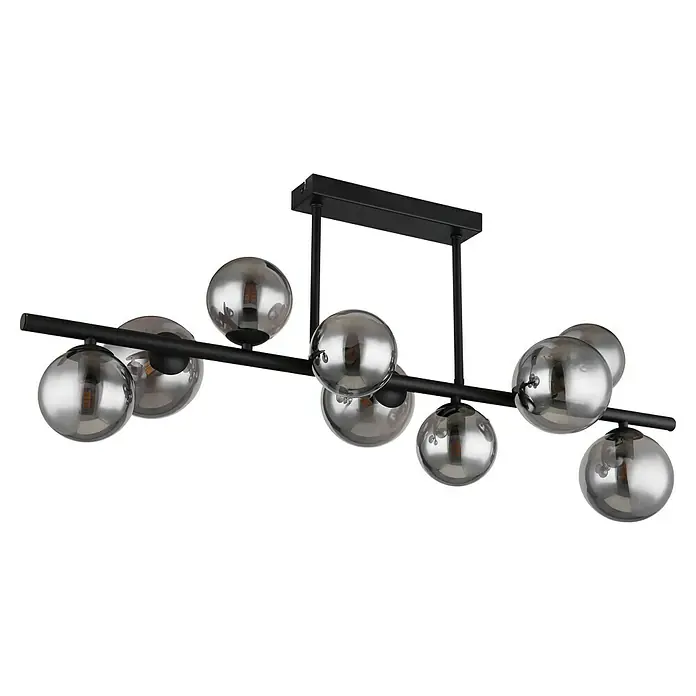 Globo Riha LED-Deckenleuchte RIHA - 3,5 W, L x B x H: 87 x 28 x 37 cm, Schwarz-matt, Warmweiß - Moderne Deckenleuchte mit schwarzen Metallstäben und neun kugelförmigen Rauchglaslampenschirmen. Ideal für stilvolle Beleuchtung im Wohnbereich.