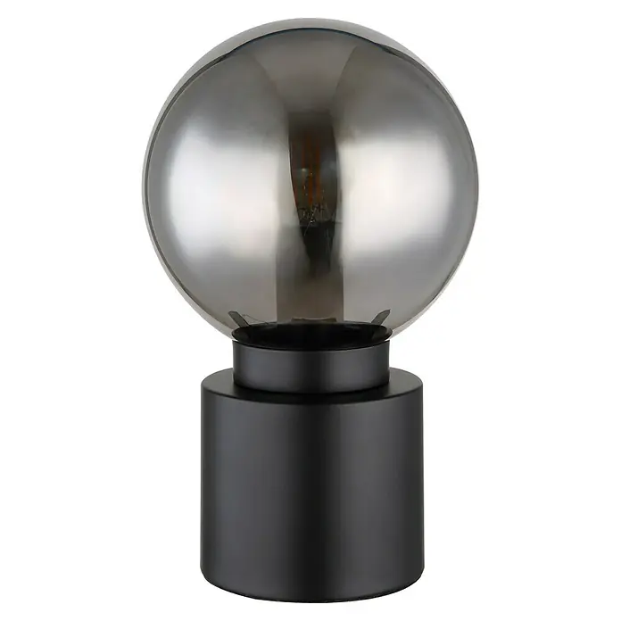 Globo Tischleuchte rund MARKA - 25 W, Ø x H: 15 x 24,5 cm, Schwarz-matt, E14 - Tischleuchte mit runder, getönter Glaskugel und schwarzem Sockel, die ein modernes und gedämpftes Ambiente schafft.