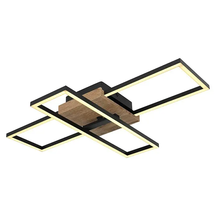 Globo LED-Deckenleuchte KENDRA - 18 W, L x B x H: 60 x 15 x 10 cm, Schwarz-matt, Warmweiß - Moderne LED-Deckenleuchte mit Holz- und Metallelementen in Schwarz und Braun. Ein stilvolles Beleuchtungselement für jeden Raum.