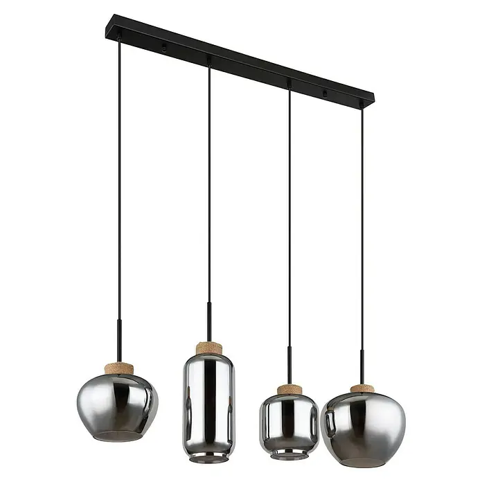 Globo Pendelleuchte MATT - Anzahl Leuchtmittel: 4 Stk., 40 W, L x B x H: 96 x 23 x 120 cm, E27 - Moderne Pendelleuchte mit vier silbernen Lampenschirmen und schwarzen Kabeln, ideal für Esszimmer oder Wohnbereich.