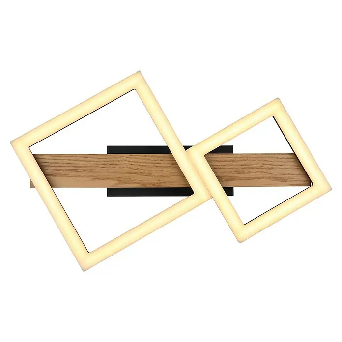 Globo LED-Deckenleuchte DUSTIN - 19 W, L x B x H: 48 x 30 x 10 cm, Schwarz-matt, Warmweiß - Moderne LED-Wandleuchte mit Holzsockel und zwei quadratischen Leuchtelementen für stimmungsvolle Beleuchtung.