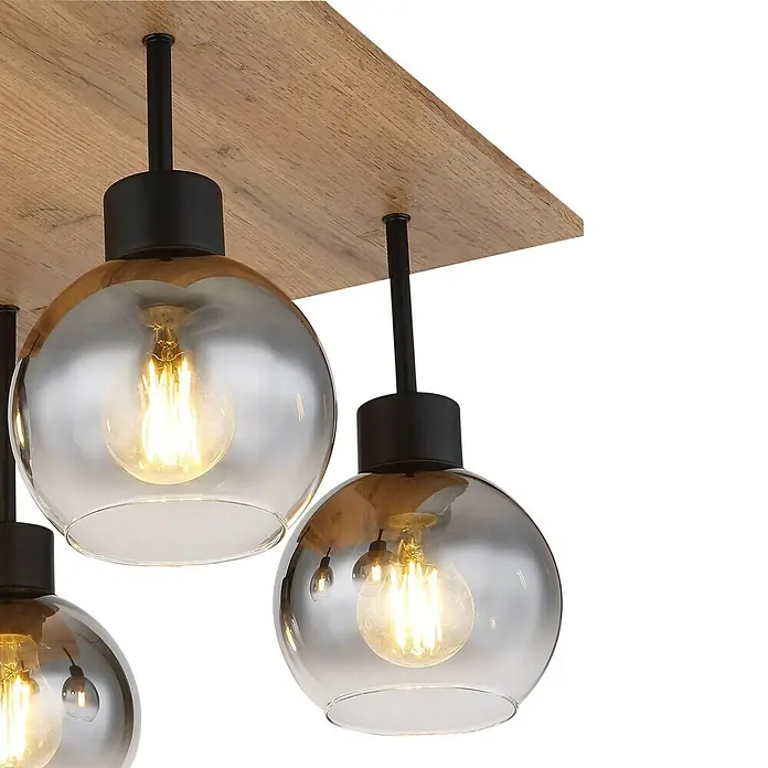 Globo Deckenleuchte MOITAS - 40 W, L x B x H: 40 x 40 x 33,5 cm, Schwarz-matt, E27 - Attraktive Deckenleuchte mit Holzdetail und runden Glasschirmen, die ein warmes Licht erzeugen. Perfekt für Wohn- und Essbereich.