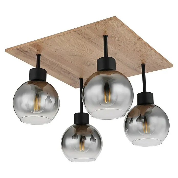 Globo Deckenleuchte MOITAS - 40 W, L x B x H: 40 x 40 x 33,5 cm, Schwarz-matt, E27 - Moderne Deckenleuchte mit Holzplatte und vier rauchfarbenen Glaskugeln, die ein stilvolles Ambiente erzeugt.
