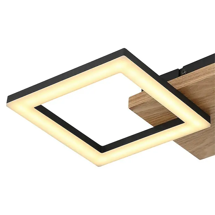 Globo LED-Deckenleuchte KERRY - 18 W, L x B x H: 46 x 22,5 x 7 cm, Schwarz-matt, Warmweiß - Nahaufnahme einer modernen quadratischen LED-Deckenleuchte mit Holzsockel, die ein warmes, einladendes Licht in einem dunklen Raum ausstrahlt.