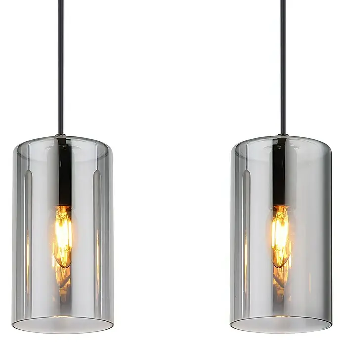 Globo Lámpara colgante Olly - Número de bombillas: 3 ud., 25 W, L x An x Al: 63 x 11 x 120 cm, E14 - Dos elegantes lámparas colgantes con pantallas de vidrio gris y bombillas de luz cálida, creando un ambiente elegante.