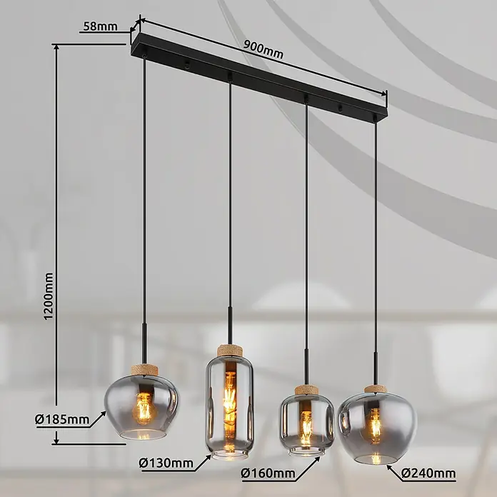 Globo Pendelleuchte MATT - Anzahl Leuchtmittel: 4 Stk., 40 W, L x B x H: 96 x 23 x 120 cm, E27 - Hängeleuchte mit vier grauen Glasschirmen und rustikalen Details. Maße sind auf dem Bild angegeben.