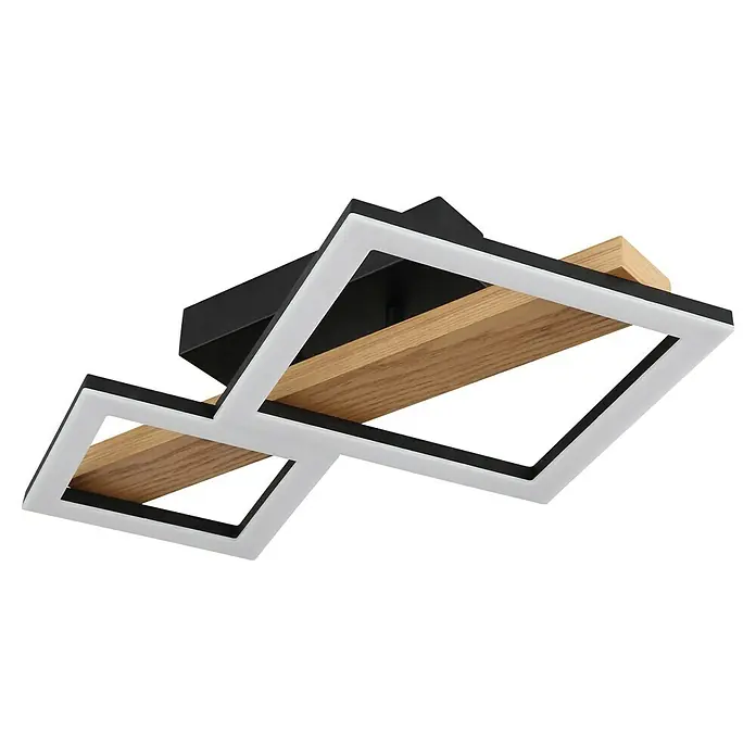 Globo LED-Deckenleuchte DUSTIN - 19 W, L x B x H: 48 x 30 x 10 cm, Schwarz-matt, Warmweiß - Nahaufnahme einer modernen LED-Deckenleuchte mit quadratischen Rahmen in Schwarz und Weiß, verbunden durch Holzelemente, auf schwarzem Hintergrund.