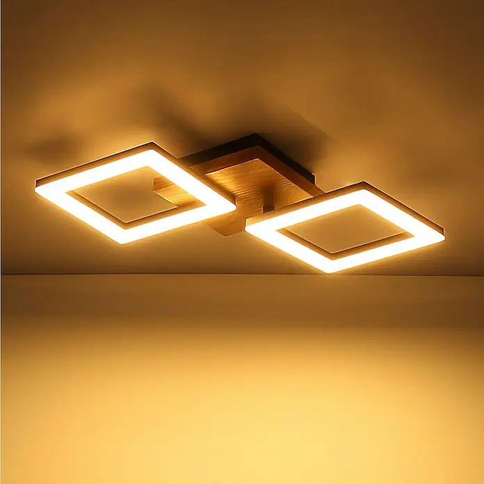 Globo LED-Deckenleuchte KERRY - 30 W, L x B x H: 66 x 31 x 7,5 cm, Schwarz-matt, Warmweiß - Moderne Deckenleuchte mit zwei quadratischen, leuchtenden Elementen und einer Holzhalterung für ein warmes, einladendes Licht.