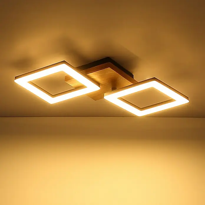 Globo LED-Deckenleuchte KERRY - 18 W, L x B x H: 46 x 22,5 x 7 cm, Schwarz-matt, Warmweiß - Moderne Deckenleuchte mit zwei quadratischen LED-Elementen und Holzelement in der Mitte für stilvolle Beleuchtung.