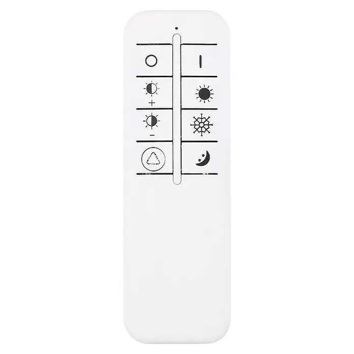 Globo LED-Deckenleuchte rund TERPSA - 30 W, Ø x H: 47,8 x 6,7 cm, Weiß-matt, Mehrfarbig - Nahaufnahme einer weißen Fernbedienung mit verschiedenen Symbolen zur Steuerung eines Geräts, möglicherweise für Licht oder Lüfter.