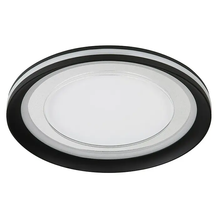 Globo LED-Deckenleuchte rund CLARINO - 18 W, Ø x H: 30 x 5,5 cm, Weiß, Warmweiß - Nahaufnahme einer modernen, runden LED-Deckenleuchte mit schwarzem, weißem und silbernem Rahmen, die ein helles, diffuses Licht ausstrahlt.