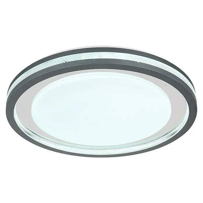 Globo LED-Deckenleuchte rund TERPSA - 30 W, Ø x H: 47,8 x 6,7 cm, Weiß-matt, Mehrfarbig - Nahaufnahme einer runden Deckenleuchte mit grauen Rändern und einem zentralen, weiß leuchtenden Diffusor, die ein modernes Design aufweist.