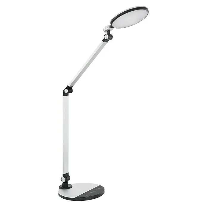 Globo LED-Tischleuchte KONSTI - 9 W, L x B x H: 50 x 19,2 x 90,5 cm, Schwarz, Mehrfarbig - Eine moderne Schreibtischlampe mit verstellbarem Arm und runder LED-Leuchte auf schwarzem Hintergrund. Das silberne Design ist elegant.