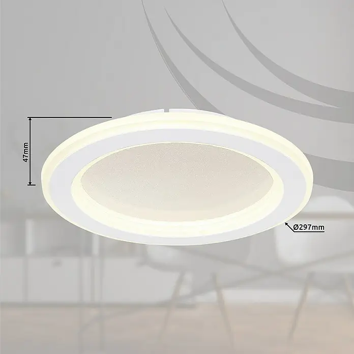 Globo LED-Deckenleuchte rund TINI - 18 W, Ø x H: 29,7 x 4,7 cm, Weiß, Neutralweiß - Diese Aufnahme zeigt eine runde Deckenleuchte in Weiß, die mit präzisen Maßen von 47mm Höhe und 297mm Durchmesser dargestellt wird.