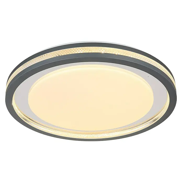 Globo LED-Deckenleuchte rund TERPSA - 30 W, Ø x H: 47,8 x 6,7 cm, Weiß-matt, Mehrfarbig - Eine moderne LED-Deckenleuchte mit einem grauen Rahmen und einem eleganten, runden Design, die eine warme und einladende Atmosphäre schafft.